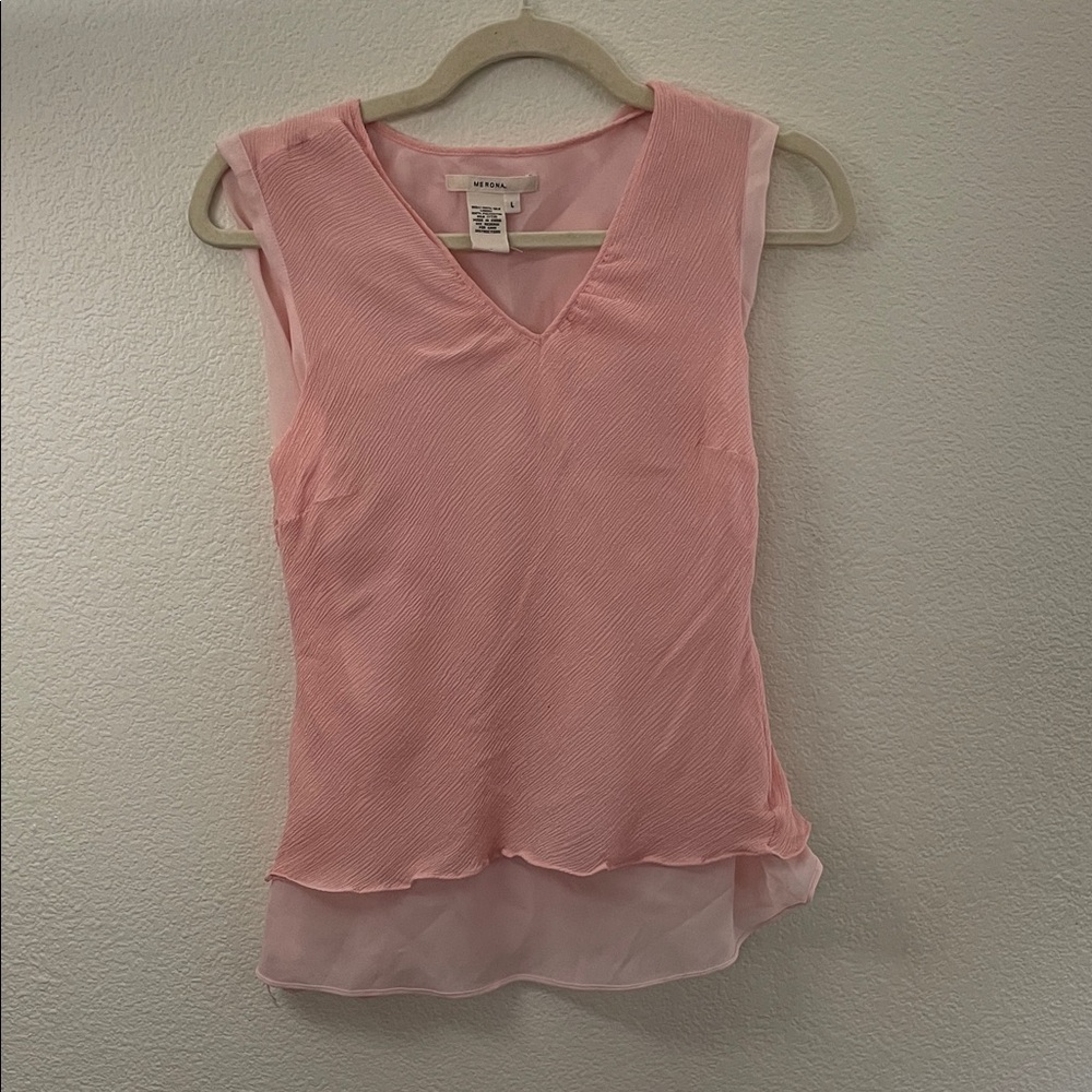 Silk 100% Pink V-Neck Layered Sleeveless Camisole Merona L 19x26 whimsical